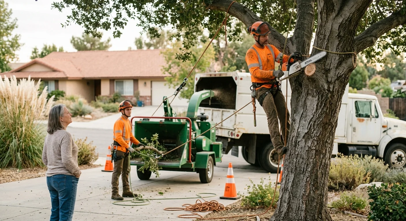 Technician reviewing brush clearing area and preparing a written estimate on a Castaic lot