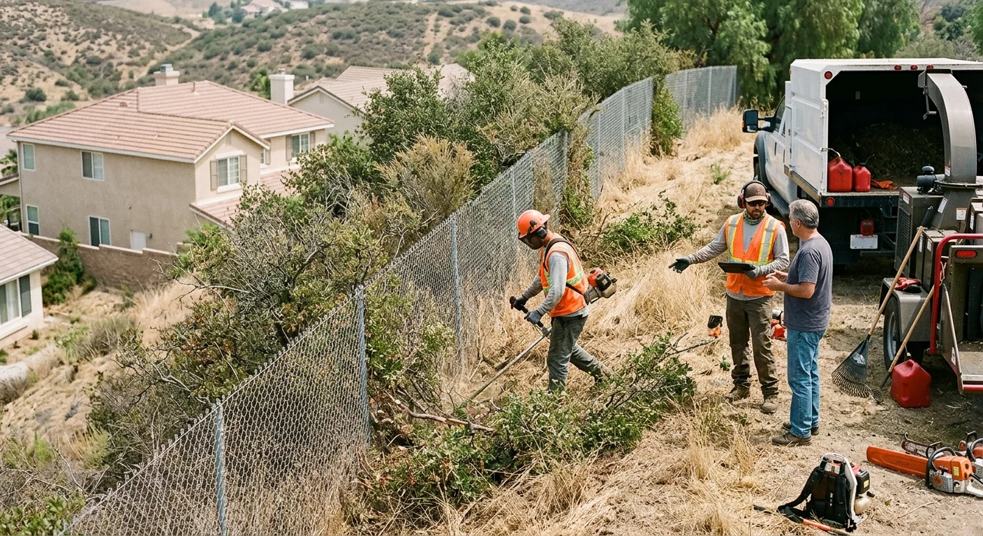 Overgrown dry chaparral crowding a hillside fence line near a Castaic home