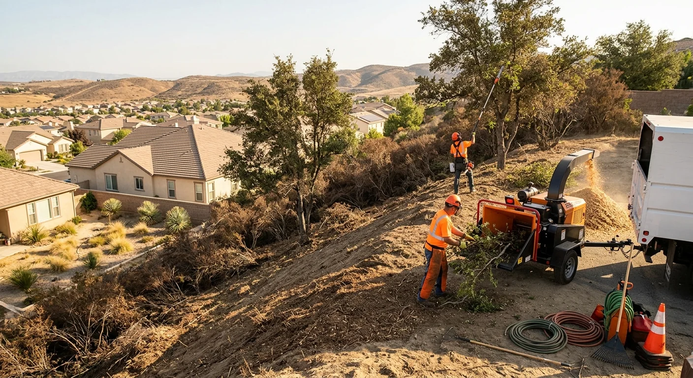 Wide view of a hillside lot cleared of dense chaparral above a Castaic home