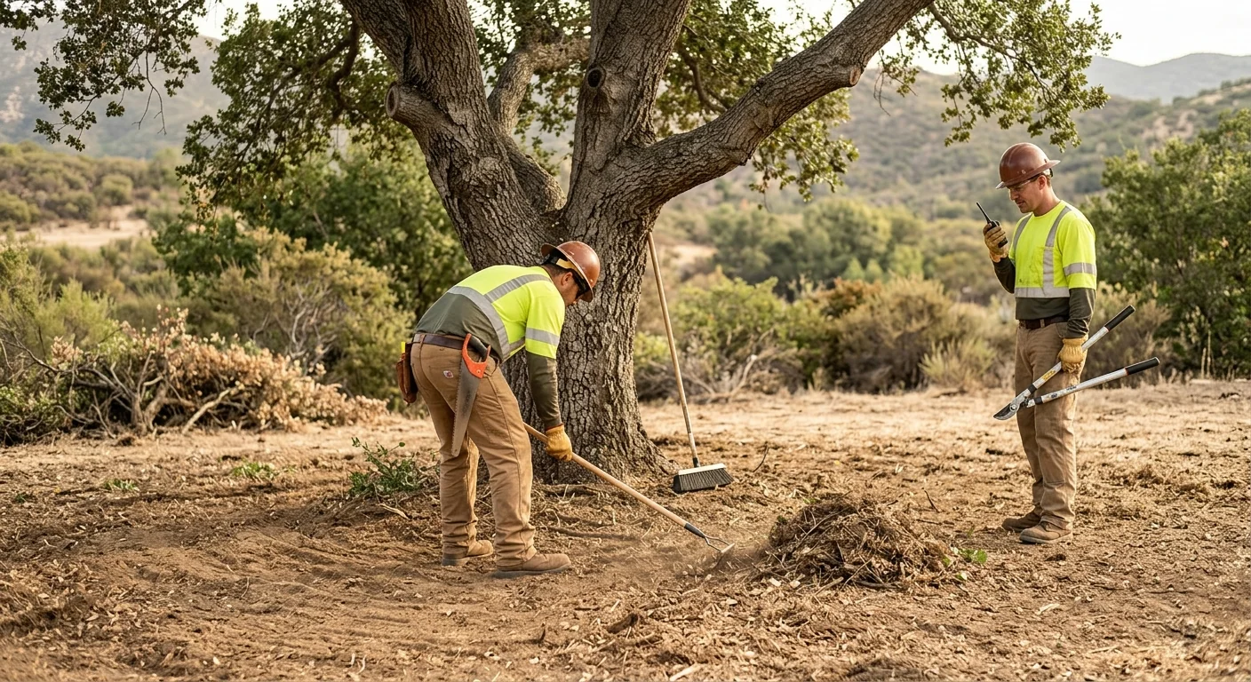 Close-up of cleared ground and trimmed ladder fuels beneath a mature oak