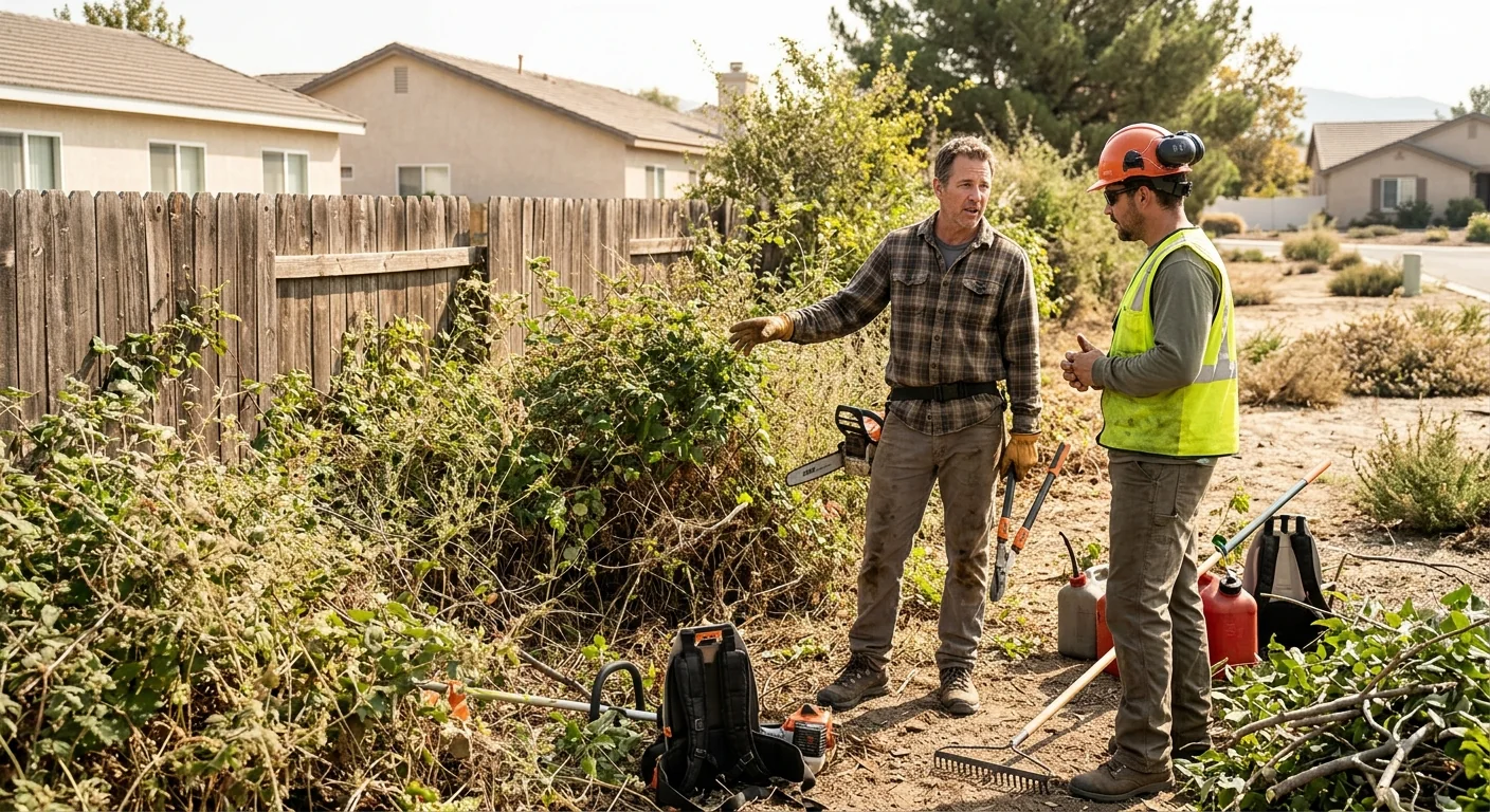 Overgrown brush along a residential fence line before clearing work begins