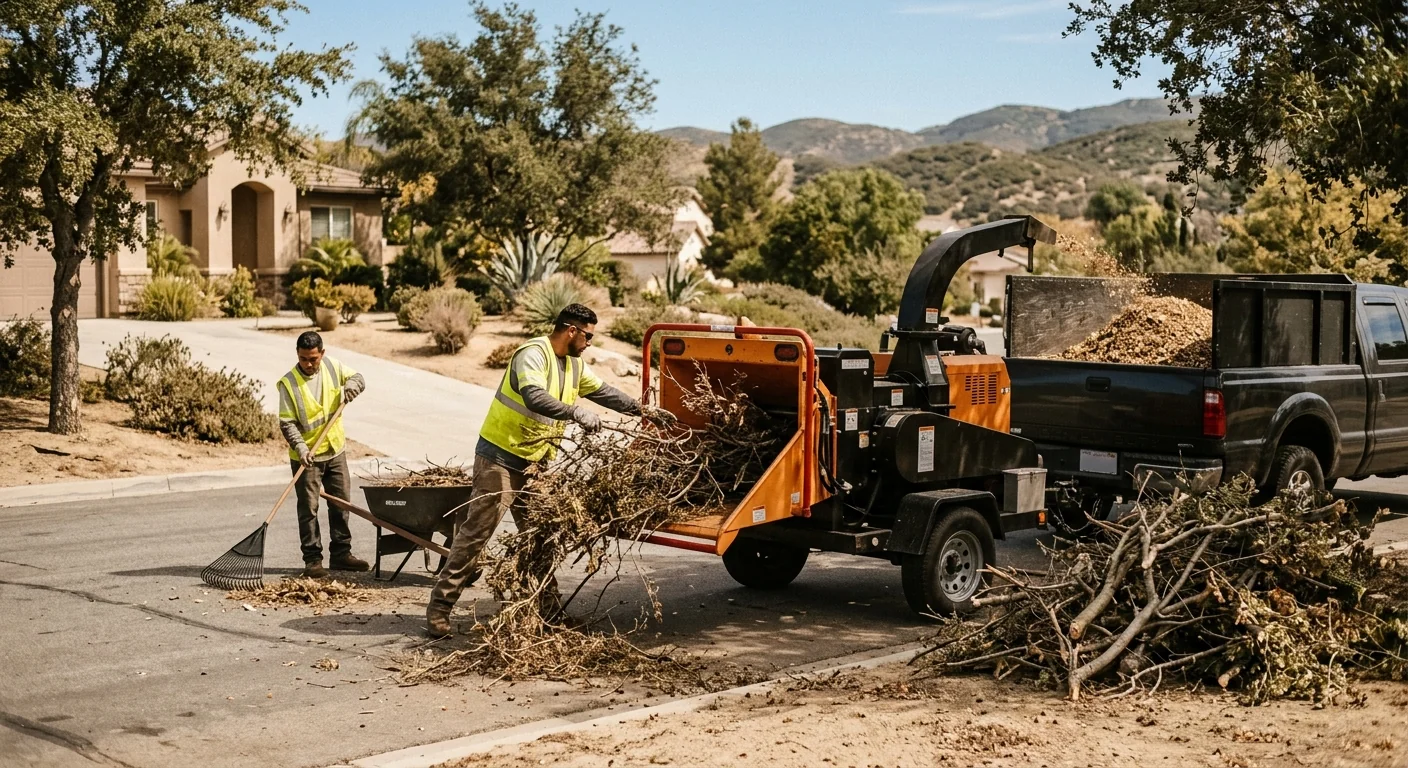 Wood chipper processing cut brush during an on-site removal job