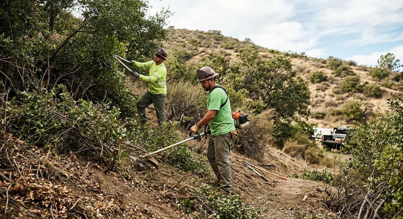 Crew cutting dense undergrowth on a sloped property with hand equipment