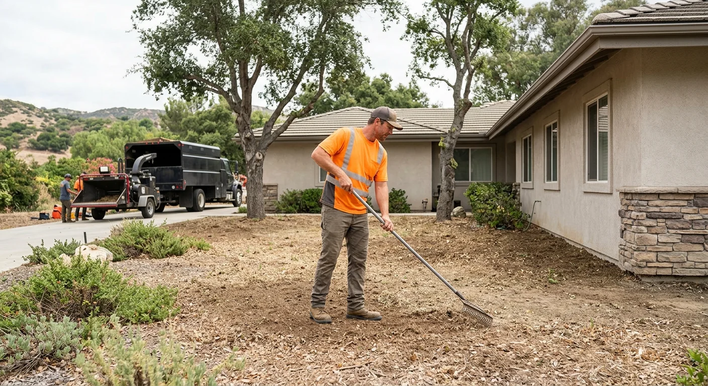Finished defensible space showing raked ground and tidy perimeter around a home
