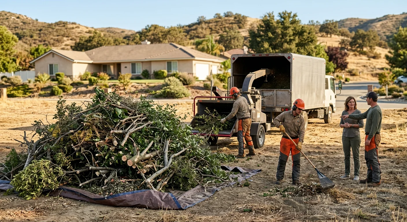 Piled and staged brush ready for hauling from a cleared residential lot