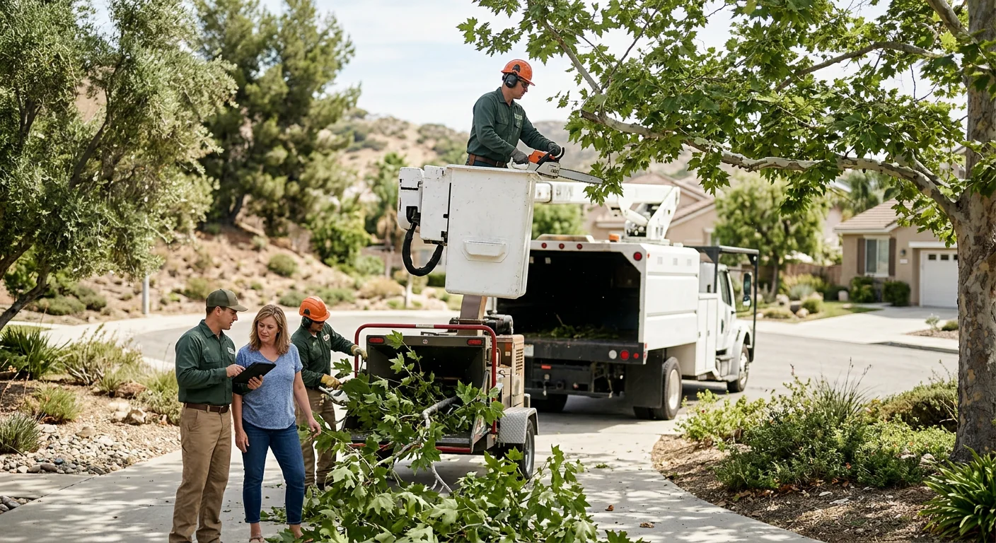Technicians reviewing crane placement and pricing factors beside a large Castaic tree