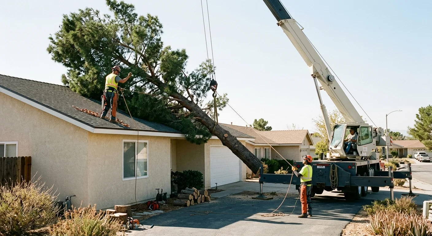 Large leaning tree overhanging a Castaic rooftop requiring controlled crane removal