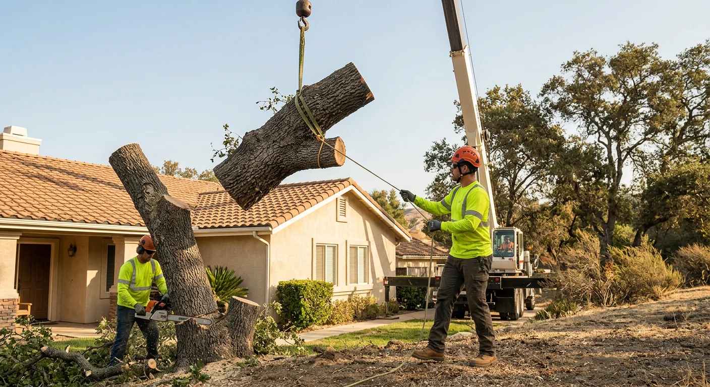 Crane lifting a heavy tree section away from a residential structure during removal