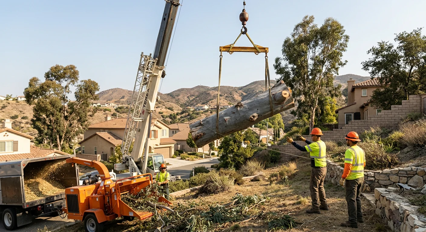 Crane lifting a large eucalyptus section from a Castaic hillside backyard
