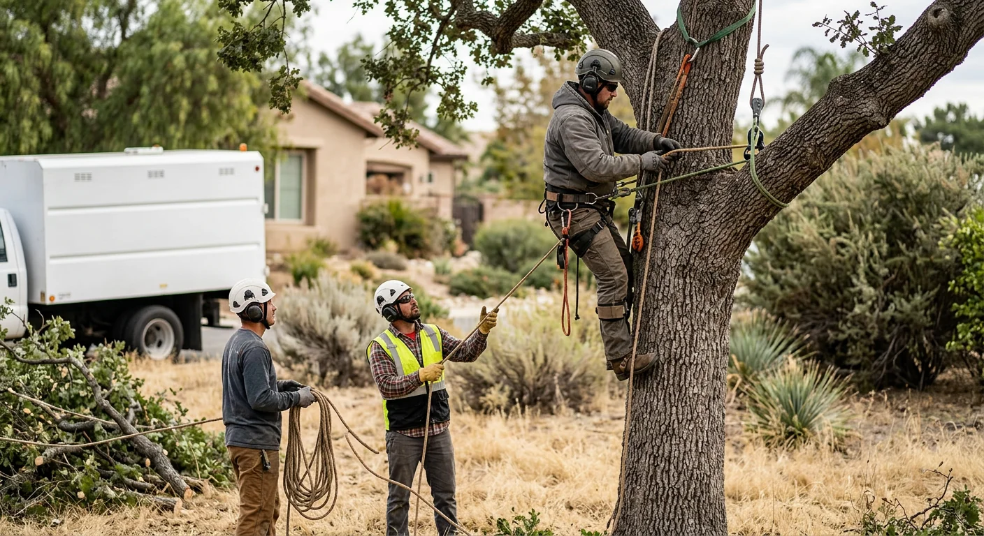 Technicians rigging a storm-damaged oak before a controlled sectional lift