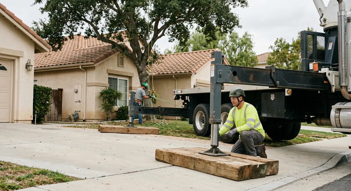Crane outriggers set on stable ground beside a suburban Castaic home