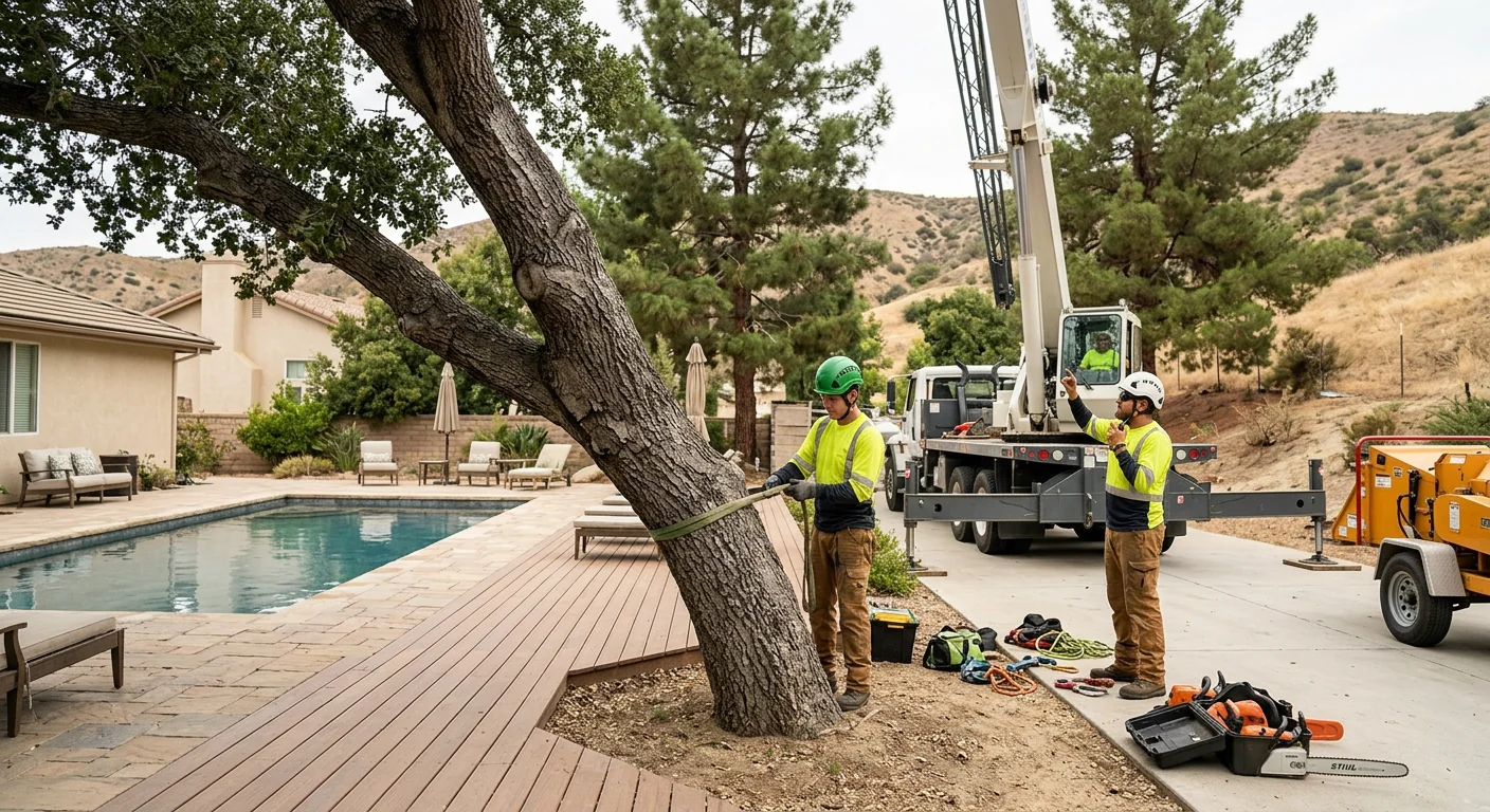Leaning tree overhanging a pool deck before crane removal begins