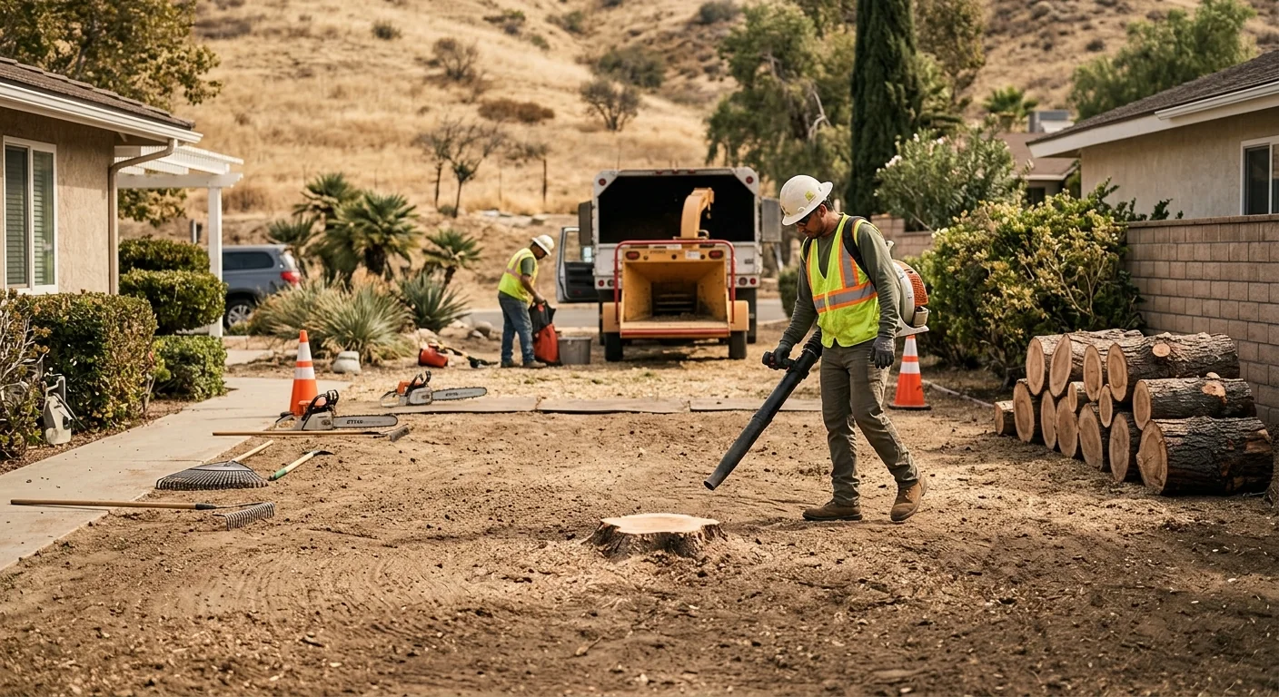 Cleared backyard with stump remaining after crane tree removal in Castaic