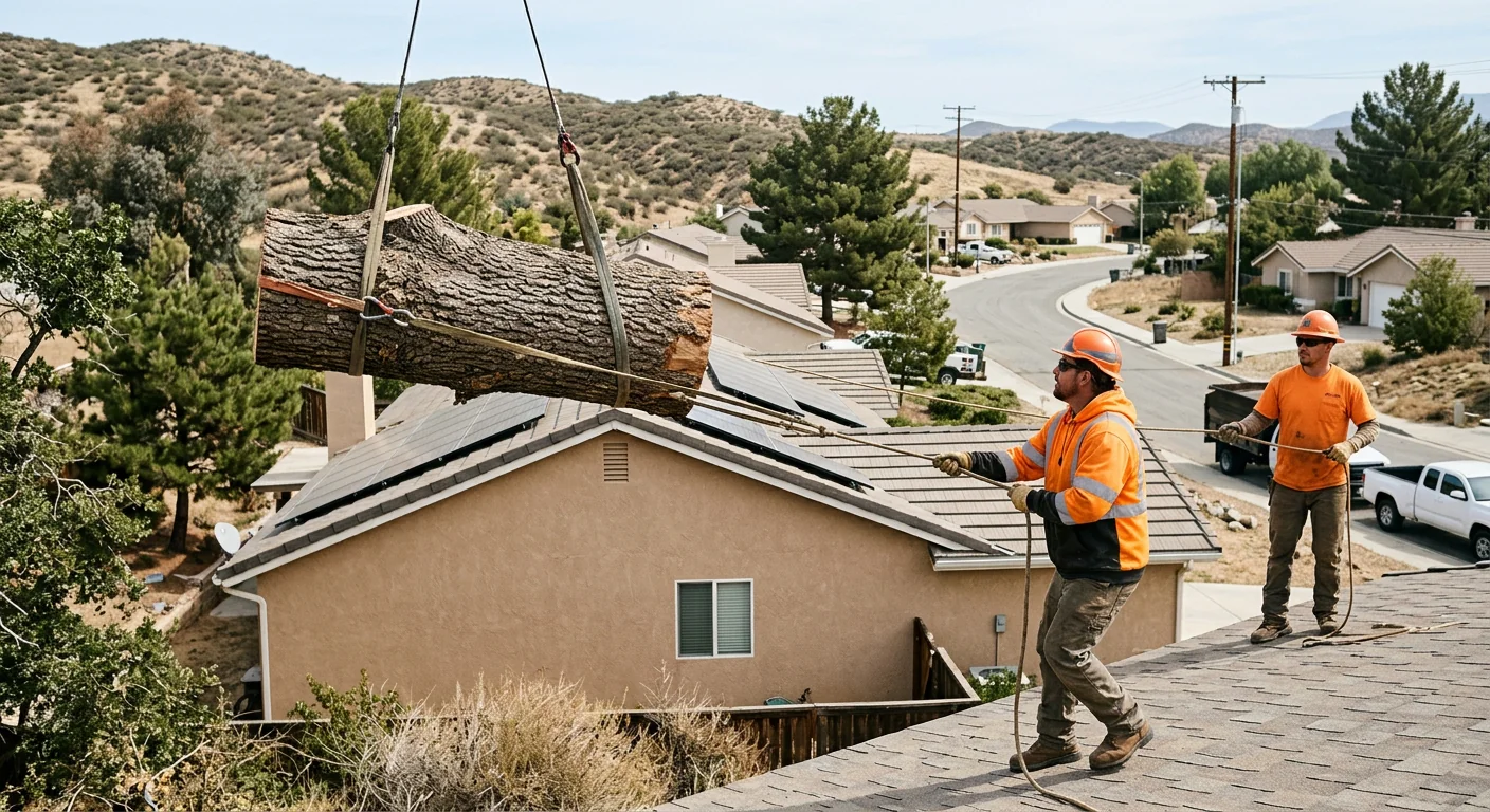 Crew guiding a suspended trunk section safely away from a rooftop