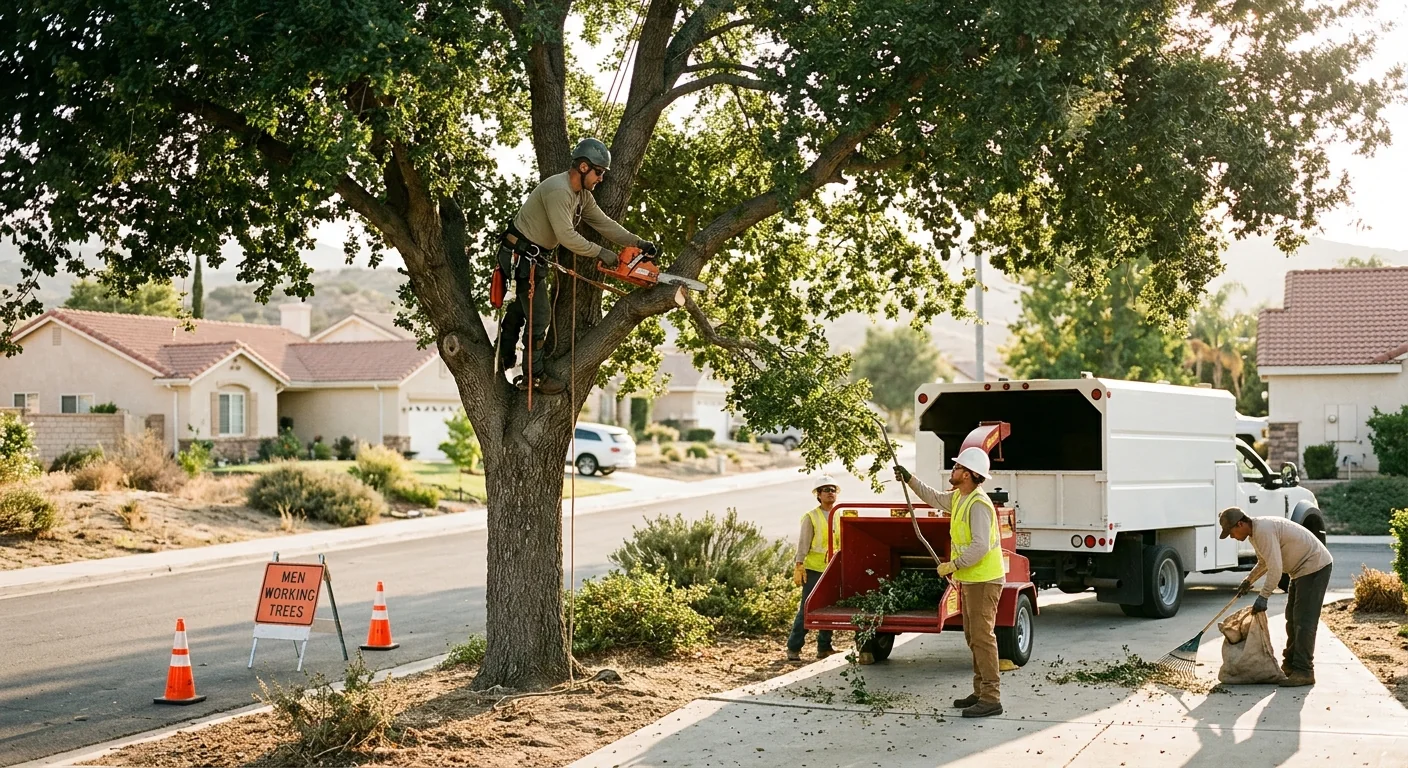 Crane lifting a large tree section over a residential yard in Castaic