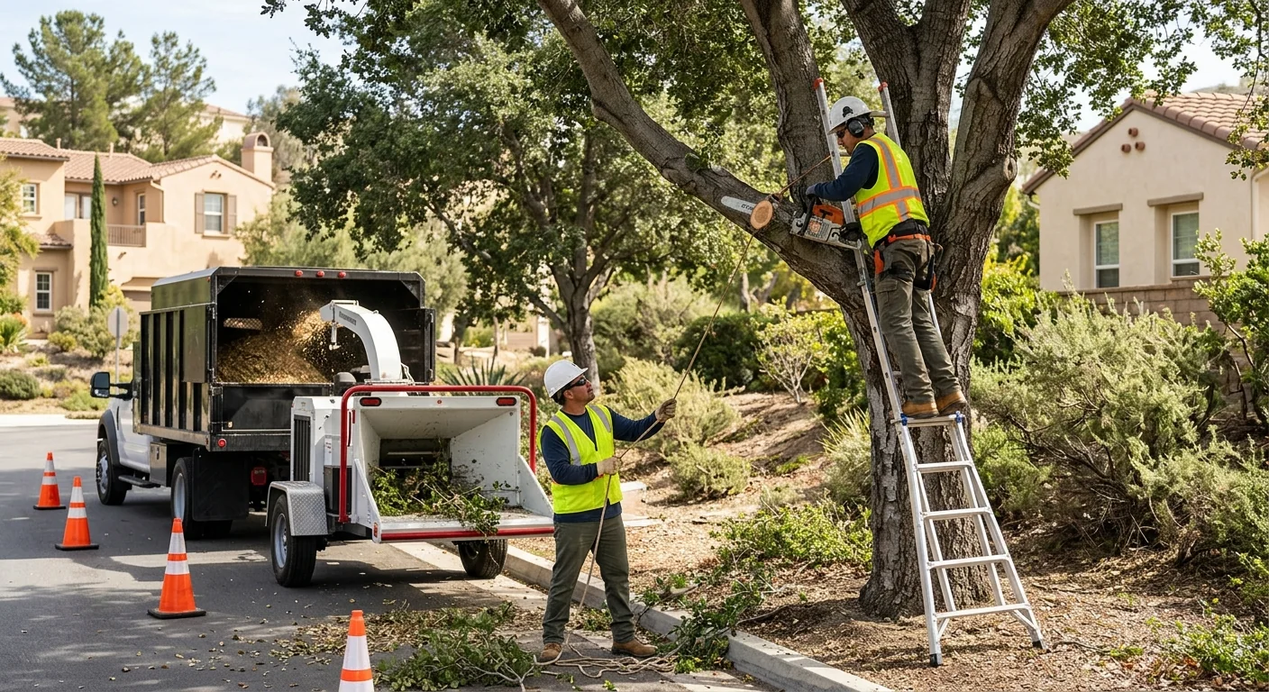 Technician assessing a leaning tree near a Castaic home to prepare a written estimate