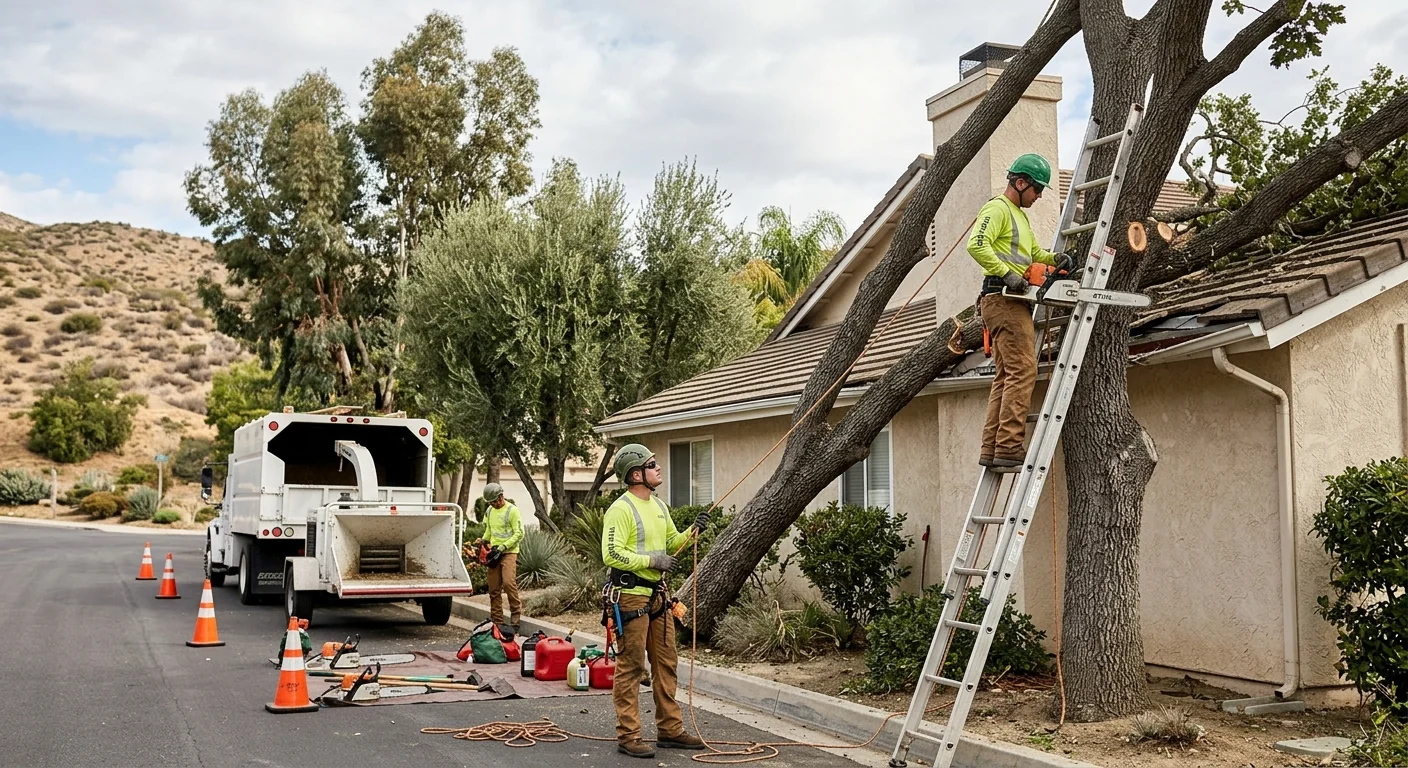 Storm-damaged tree leaning against a Castaic home roofline after high winds