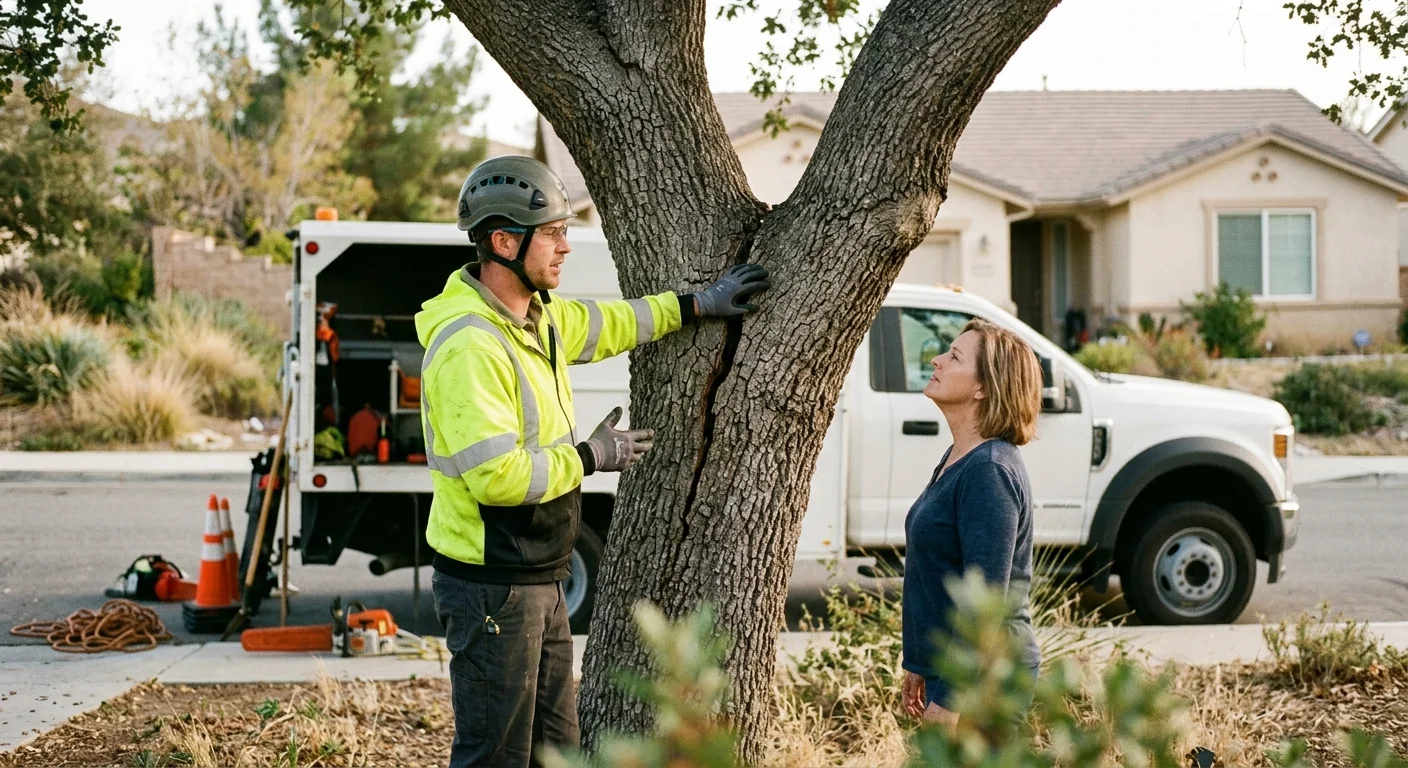 Arborist inspecting a cracked trunk union on a hazardous residential tree