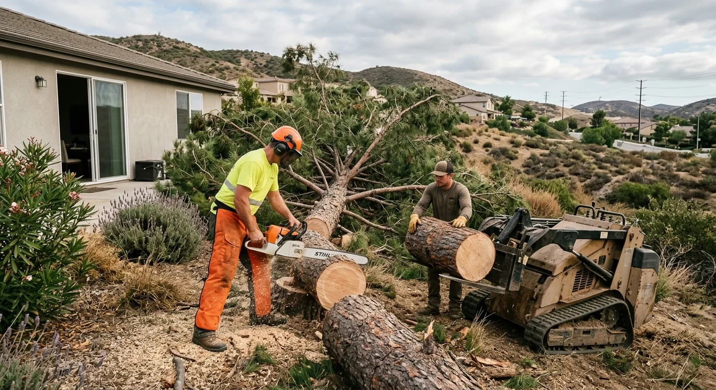 Wide shot of a toppled pine cleared from a Castaic hillside backyard