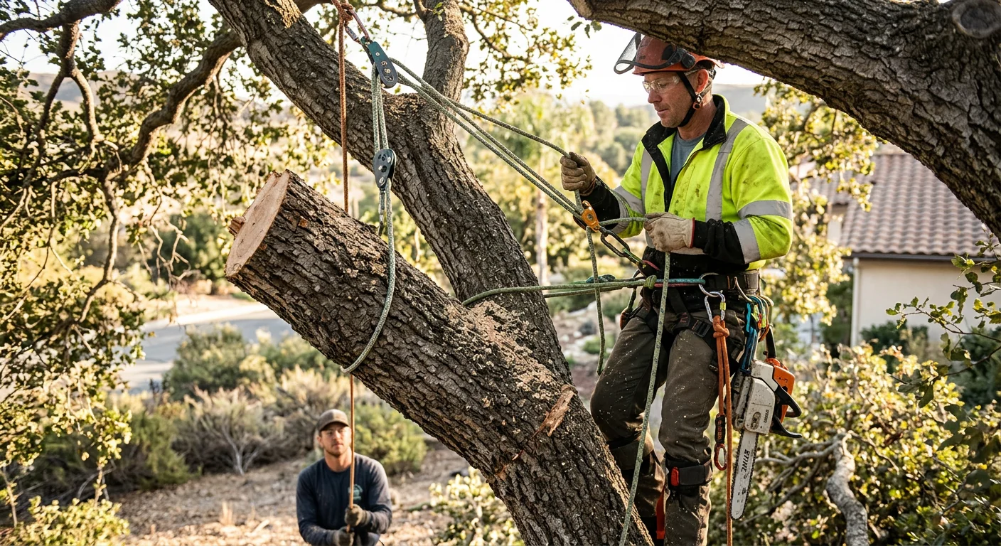 Arborist using controlled rigging to lower a storm-split oak limb