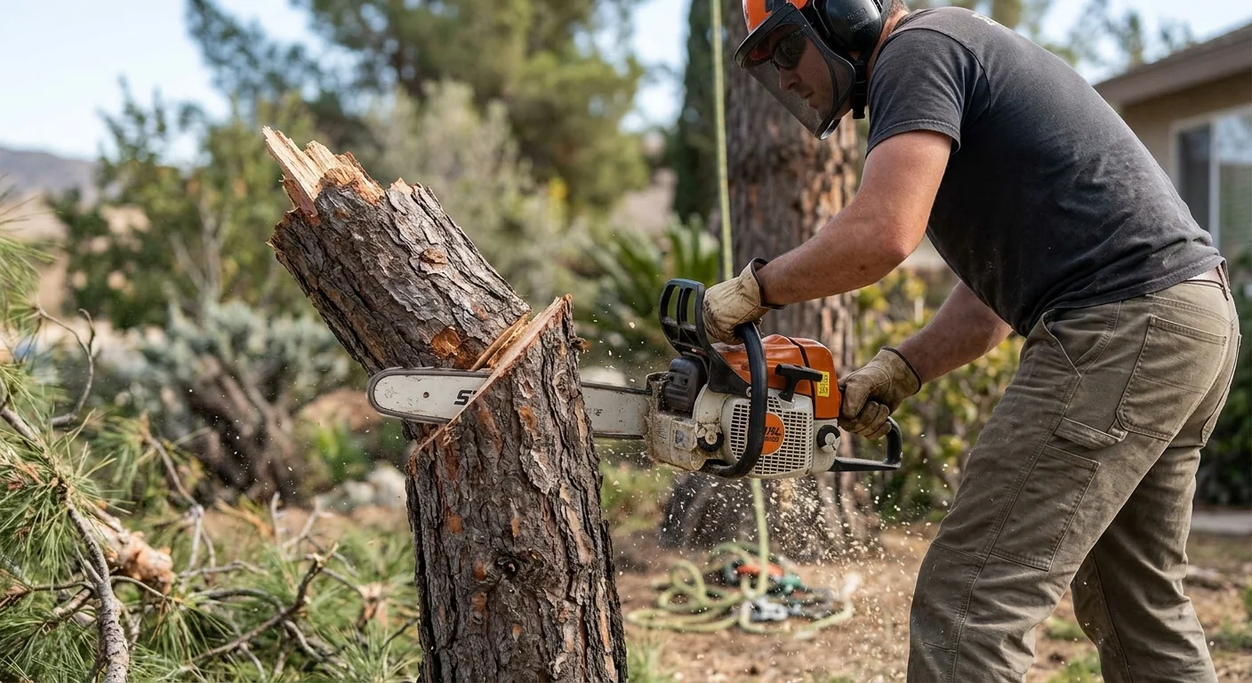 Close-up of a chainsaw cutting through a fractured trunk section