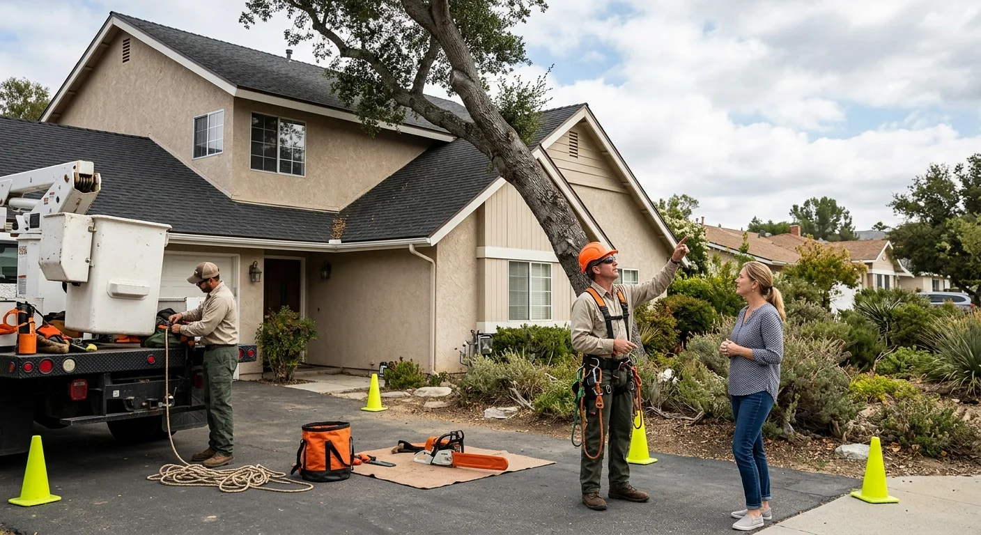 Before-context view of a leaning tree resting against a home roofline