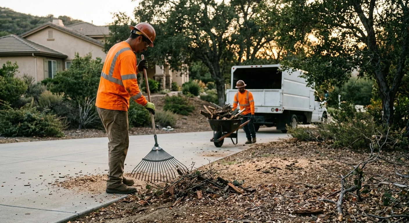 Ground crew raking brush and clearing the work zone at dusk