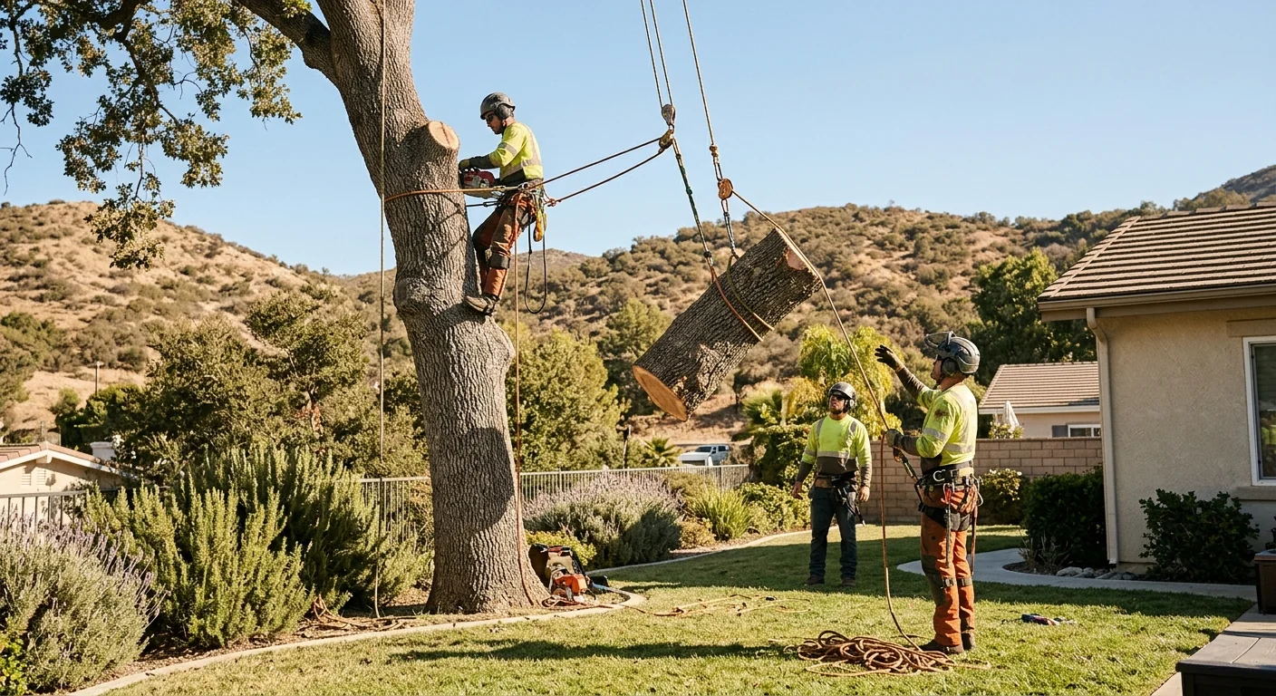 Sectional dismantling of a large trunk with ropes and rigging in action