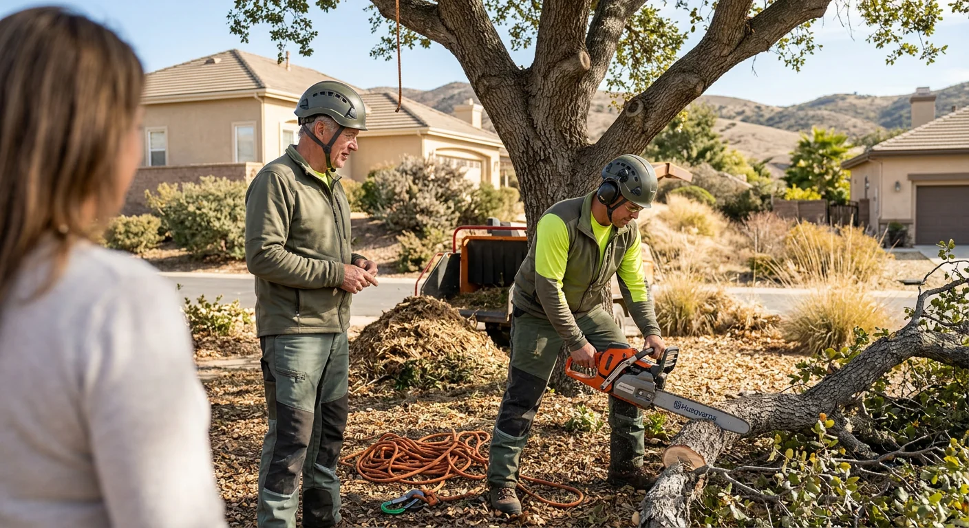 Tree crew safely removing a storm-damaged limb near a Castaic home driveway