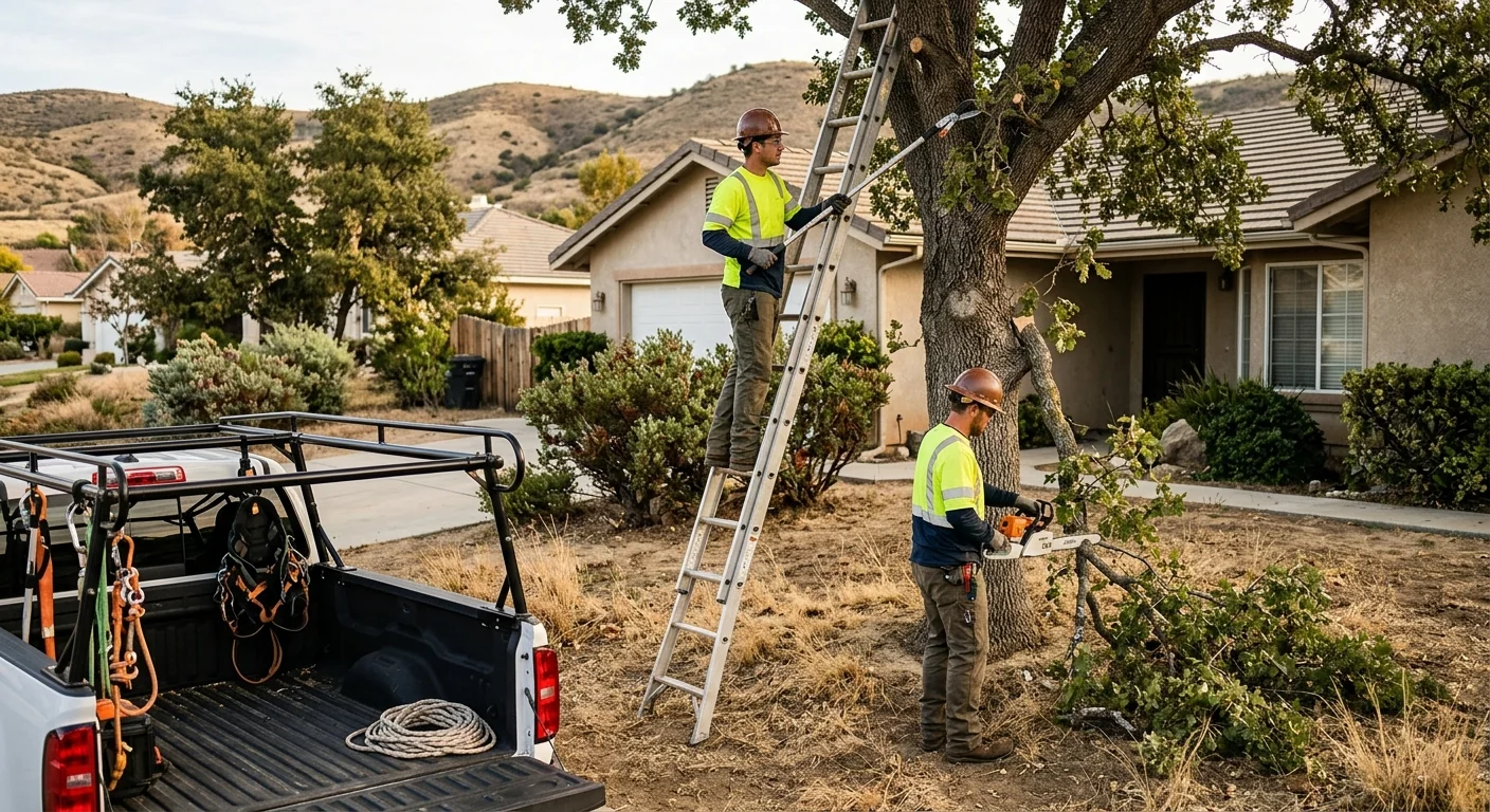 Technician measuring a leaning tree trunk while preparing a removal estimate in Castaic