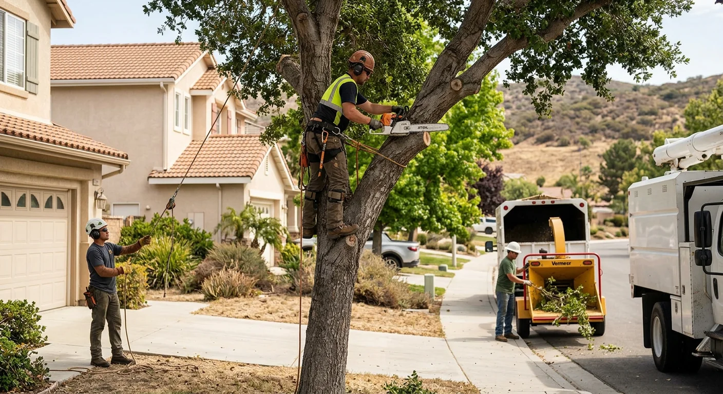 Certified crew safely removing a hazardous leaning tree near a Castaic home