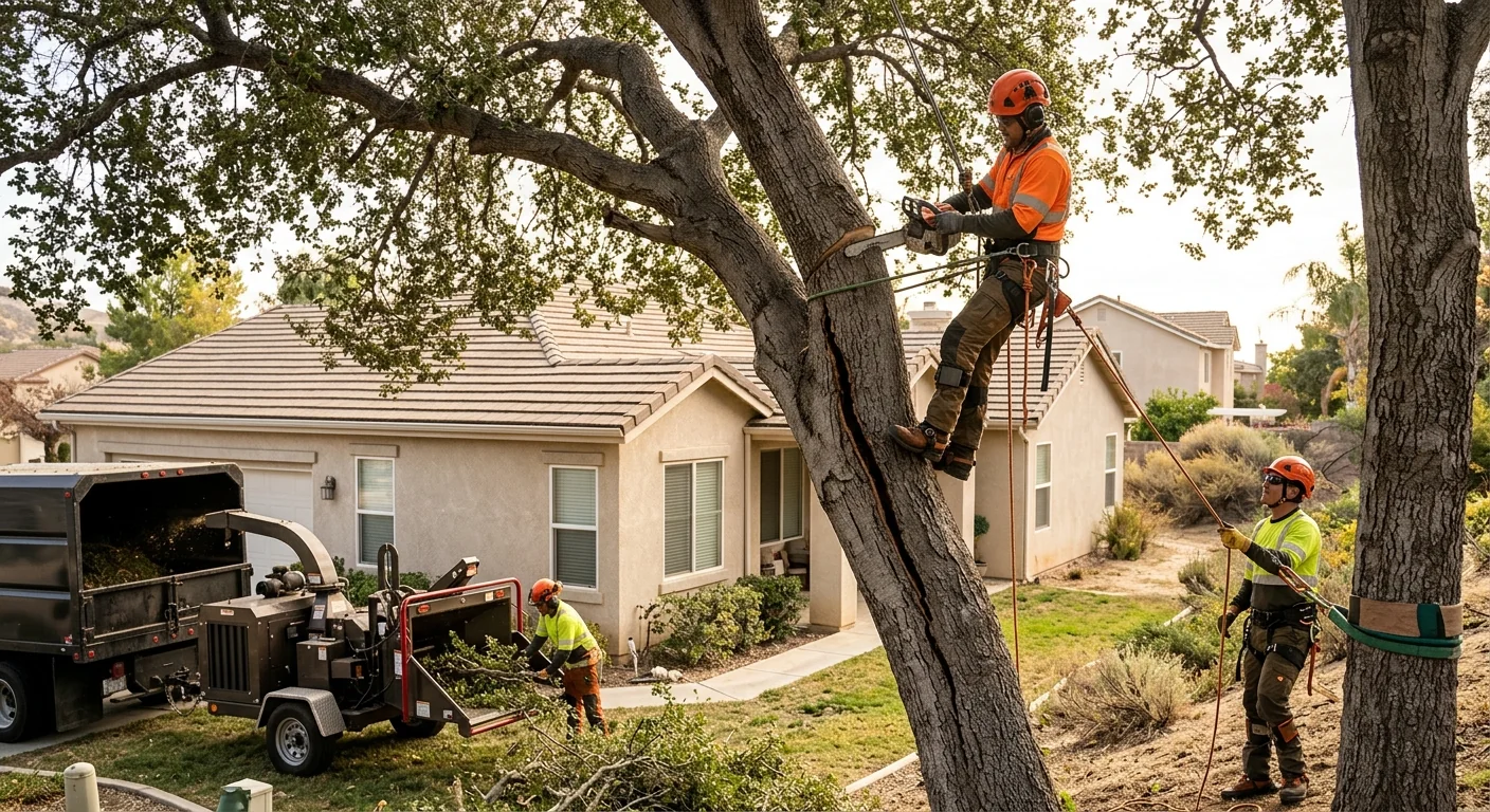 Leaning tree with cracked trunk near a Castaic home requiring hazardous removal