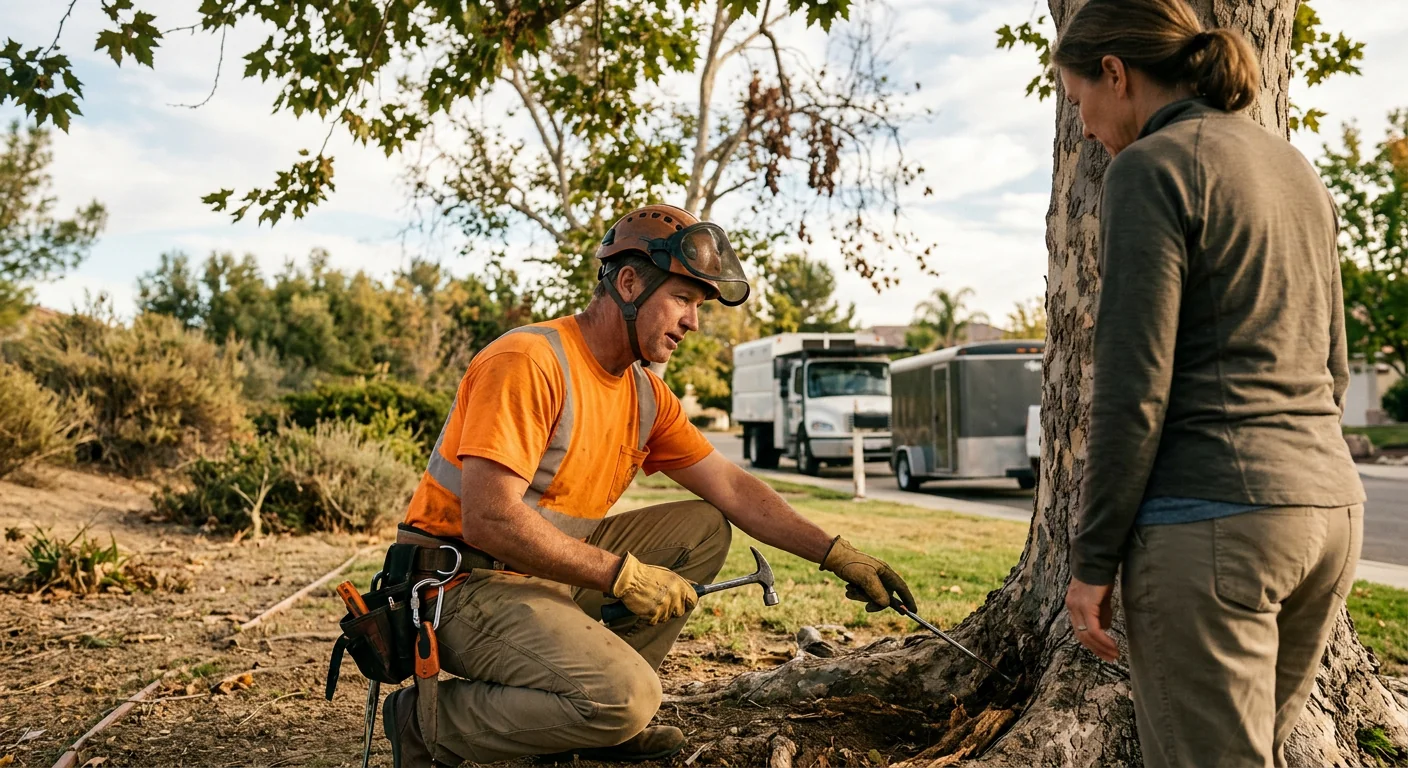 Arborist inspecting decayed root collar and canopy deadwood before removal
