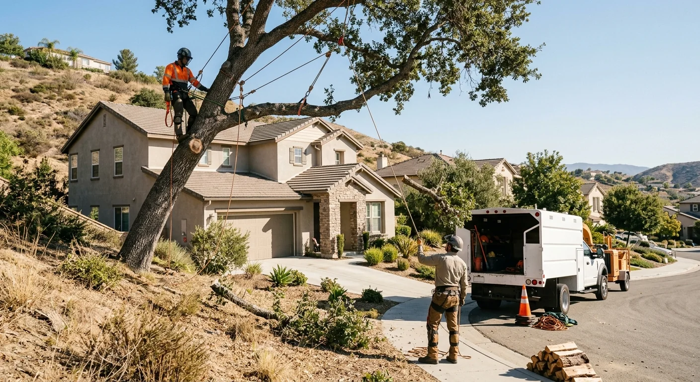 Wide shot of crew dismantling a leaning tree beside a Castaic hillside home