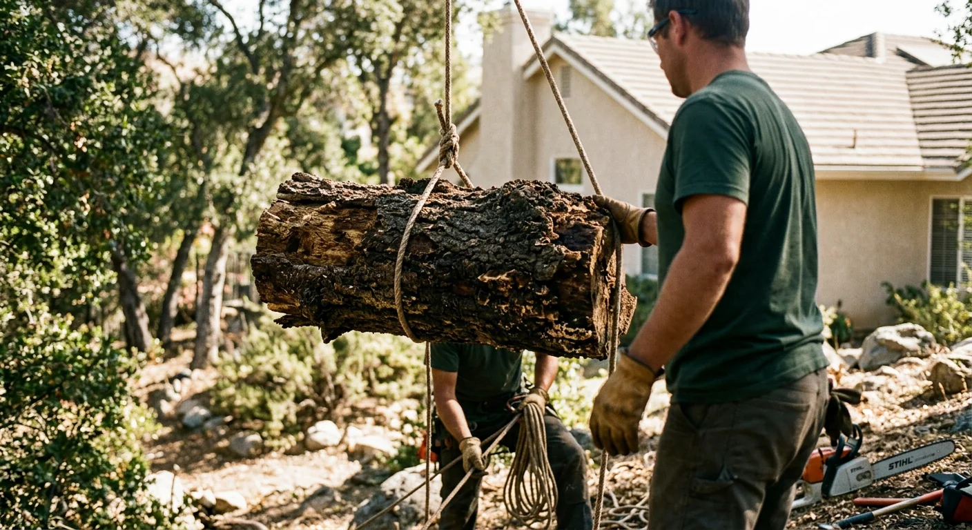 Close-up of decayed trunk section cut and lowered with rigging ropes