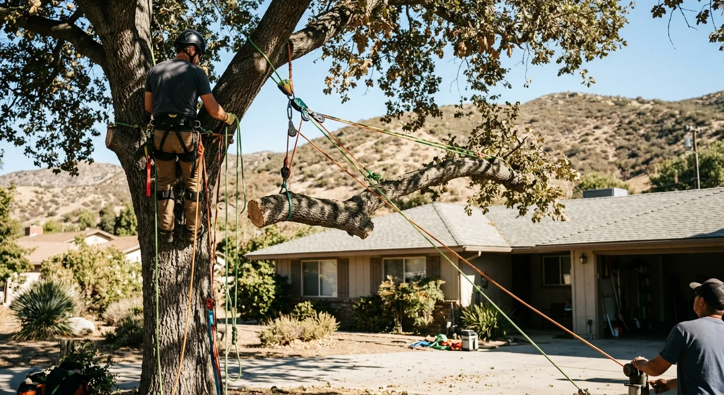 Aerial rigging setup lowering large limbs away from a rooftop
