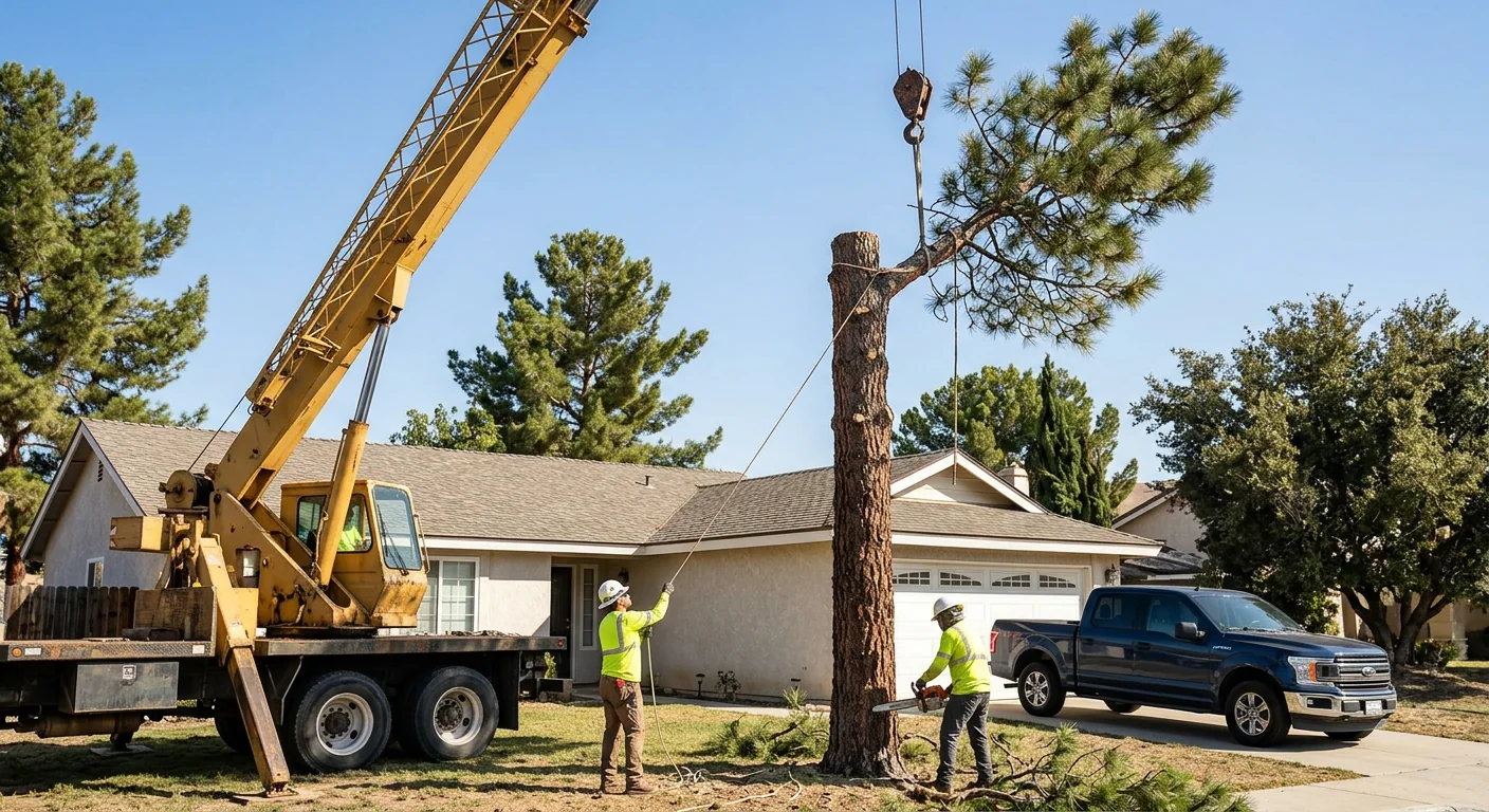 Crane assisting removal of a tall pine near a suburban property