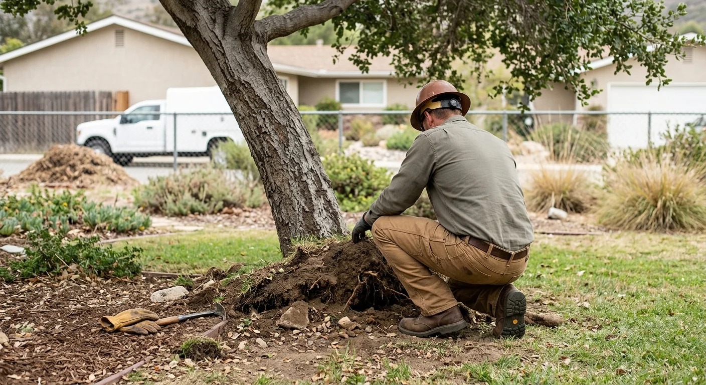 Technician assessing root plate stability at the base of a leaning tree