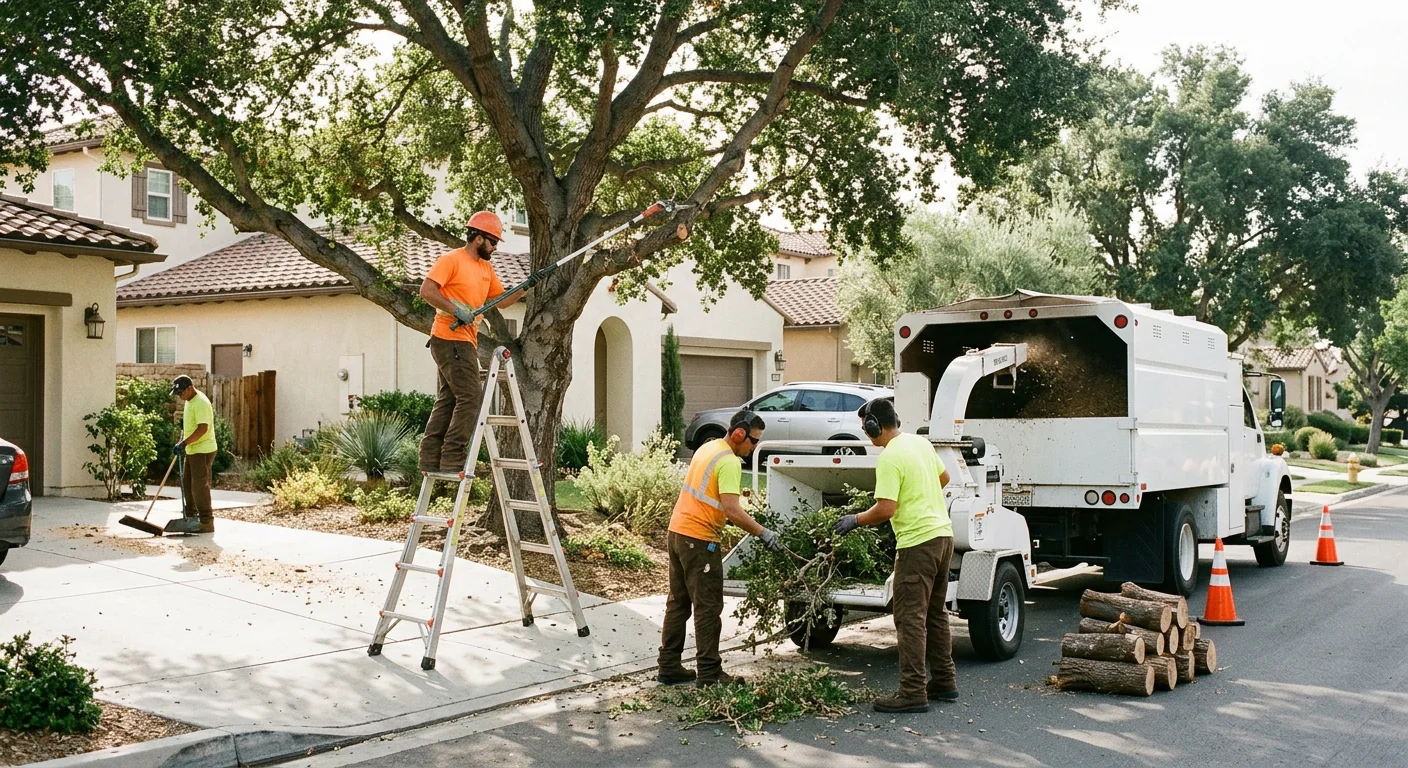Arborist crew carefully lowering an unstable tree section near a Castaic home