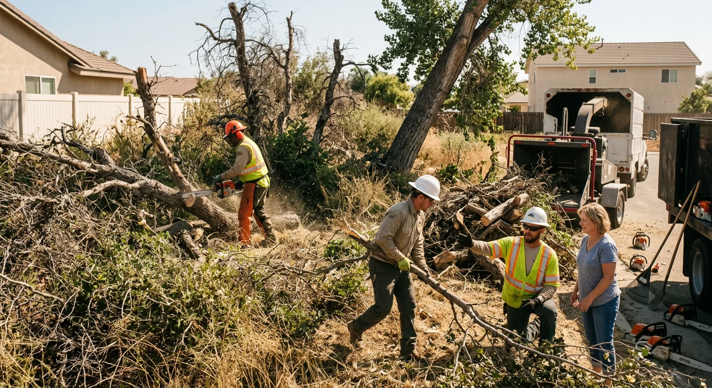 Overgrown Castaic lot with dense brush and dead trees needing clearing