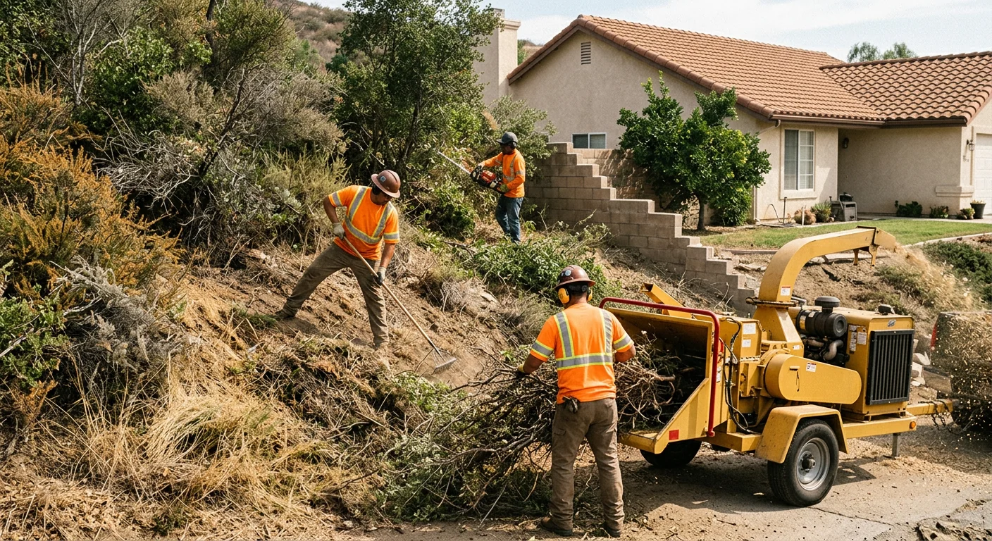 Crew chipping tangled undergrowth on a sloped residential property