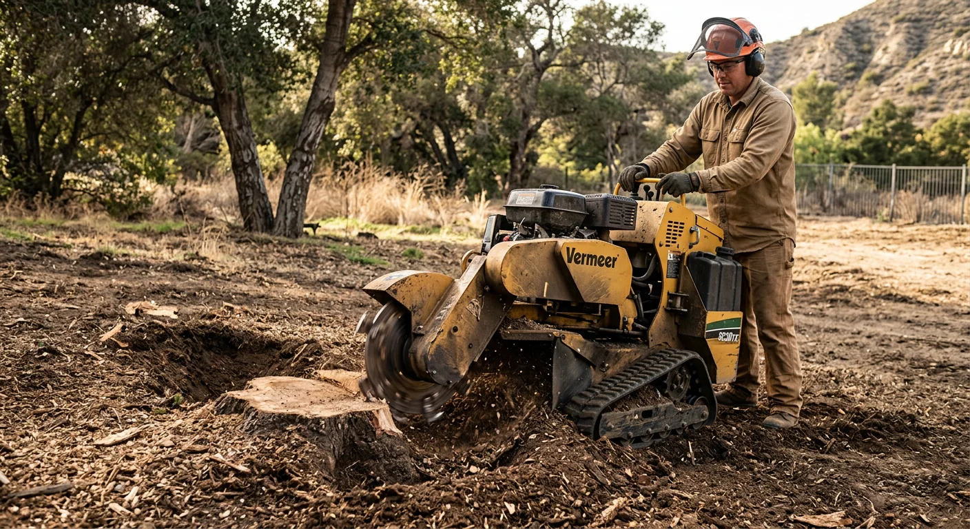 Close-up of stump grinder reducing a stump below grade on cleared ground