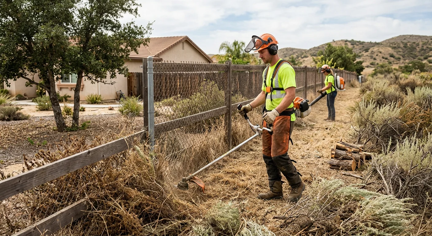 Brush cutter clearing heavy fuel loads near a property fence line