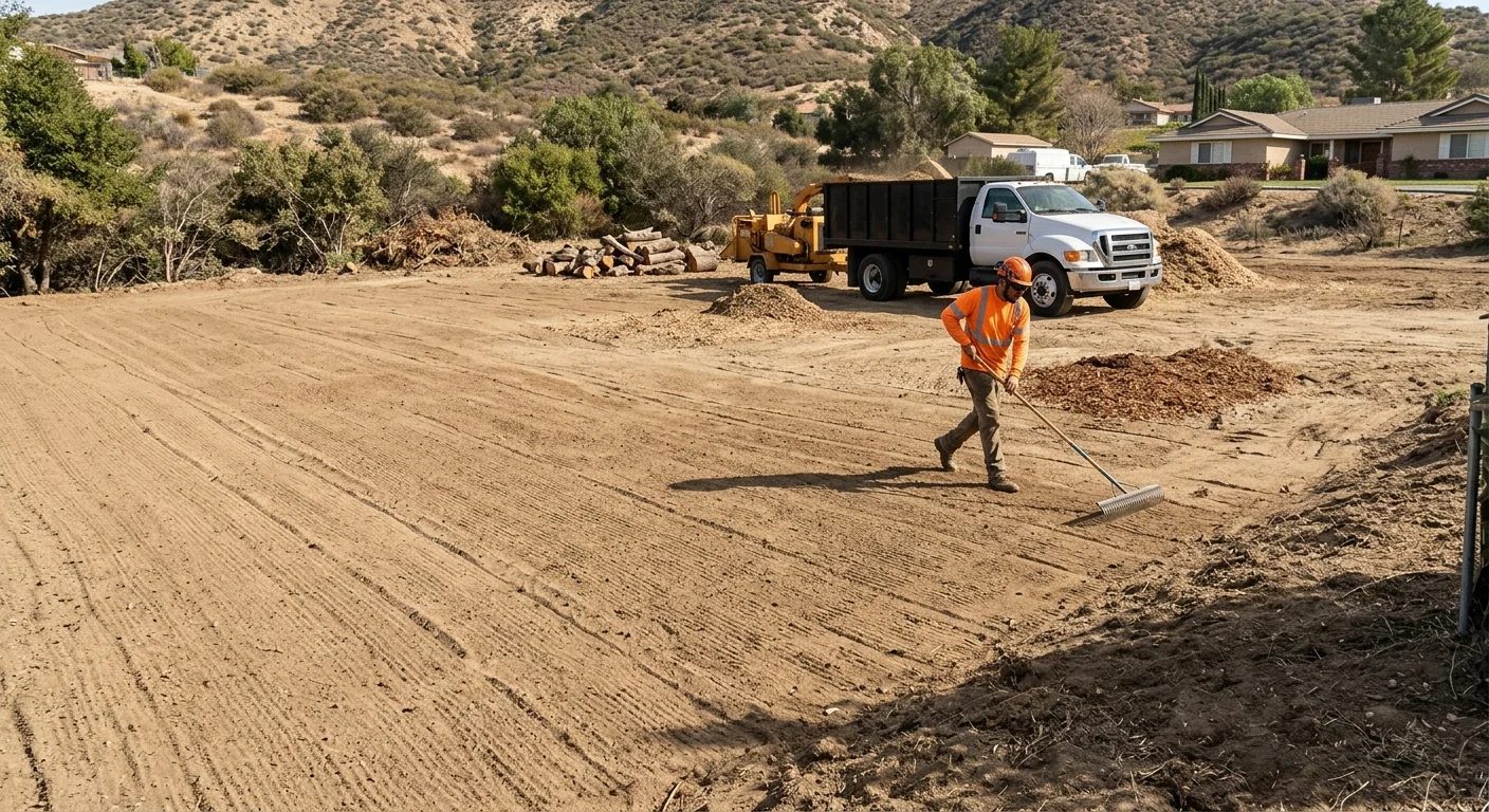 Wide view of open parcel with debris hauled away and ground raked clean
