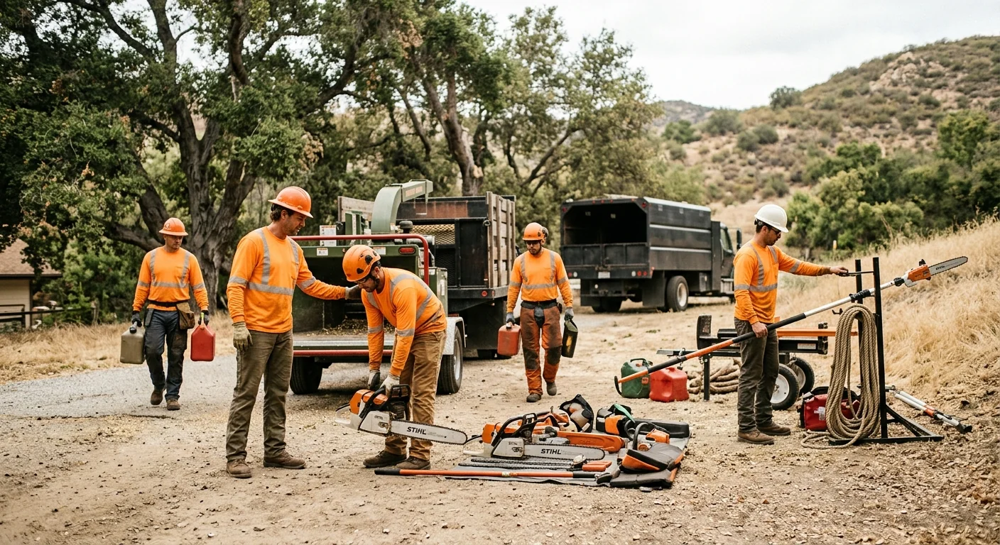 Technicians staging equipment for organized lot clearing on a Castaic property
