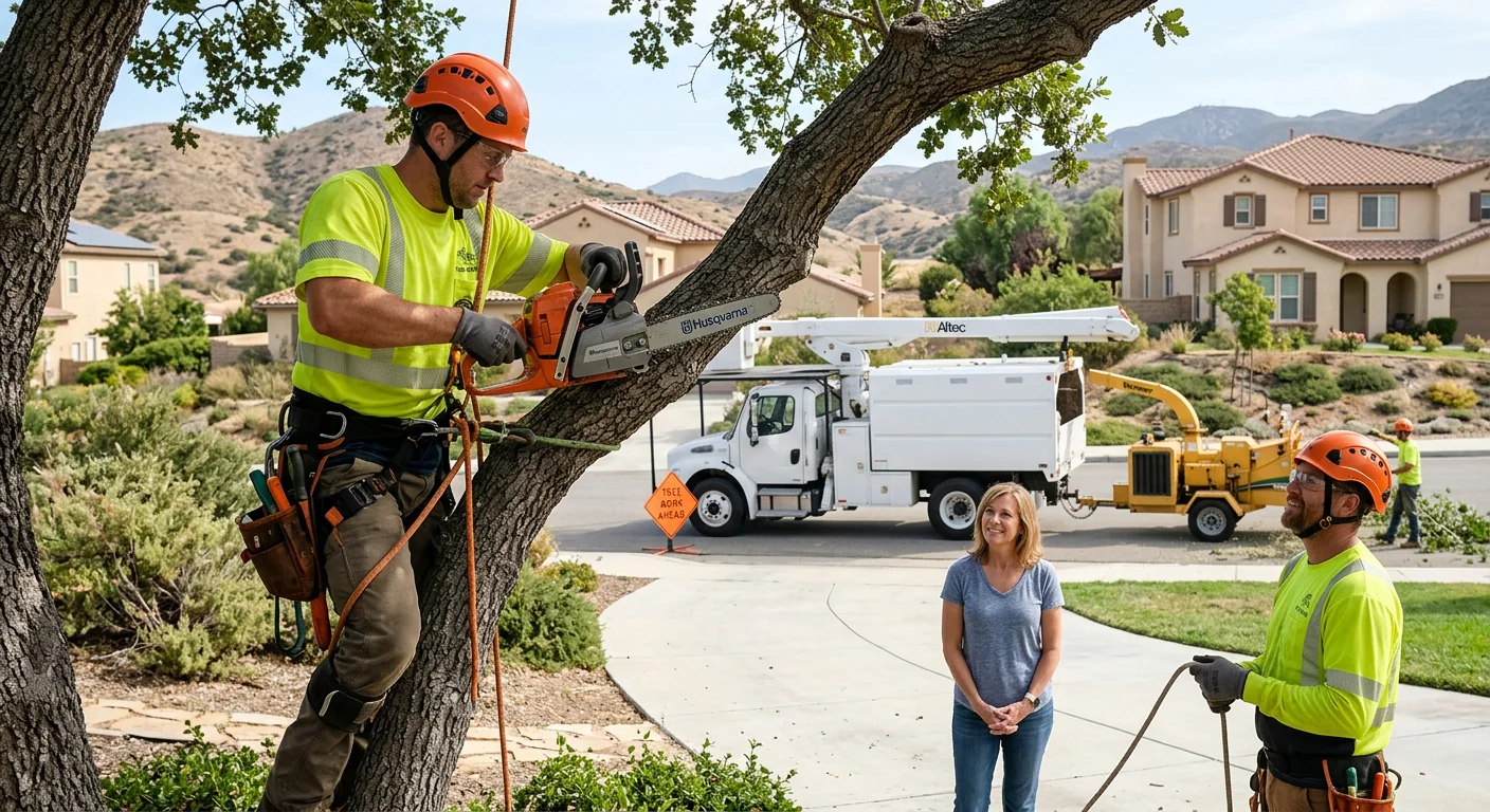 Crew clearing brush and trees from a hillside residential lot in Castaic