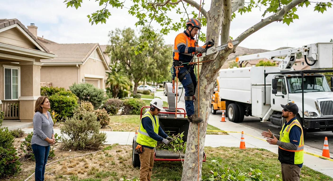 Technician evaluating storm-damaged tree for cleanup pricing at a Castaic property