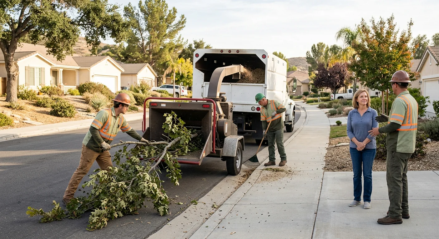 Crew clearing storm-damaged branches from a residential yard in Castaic