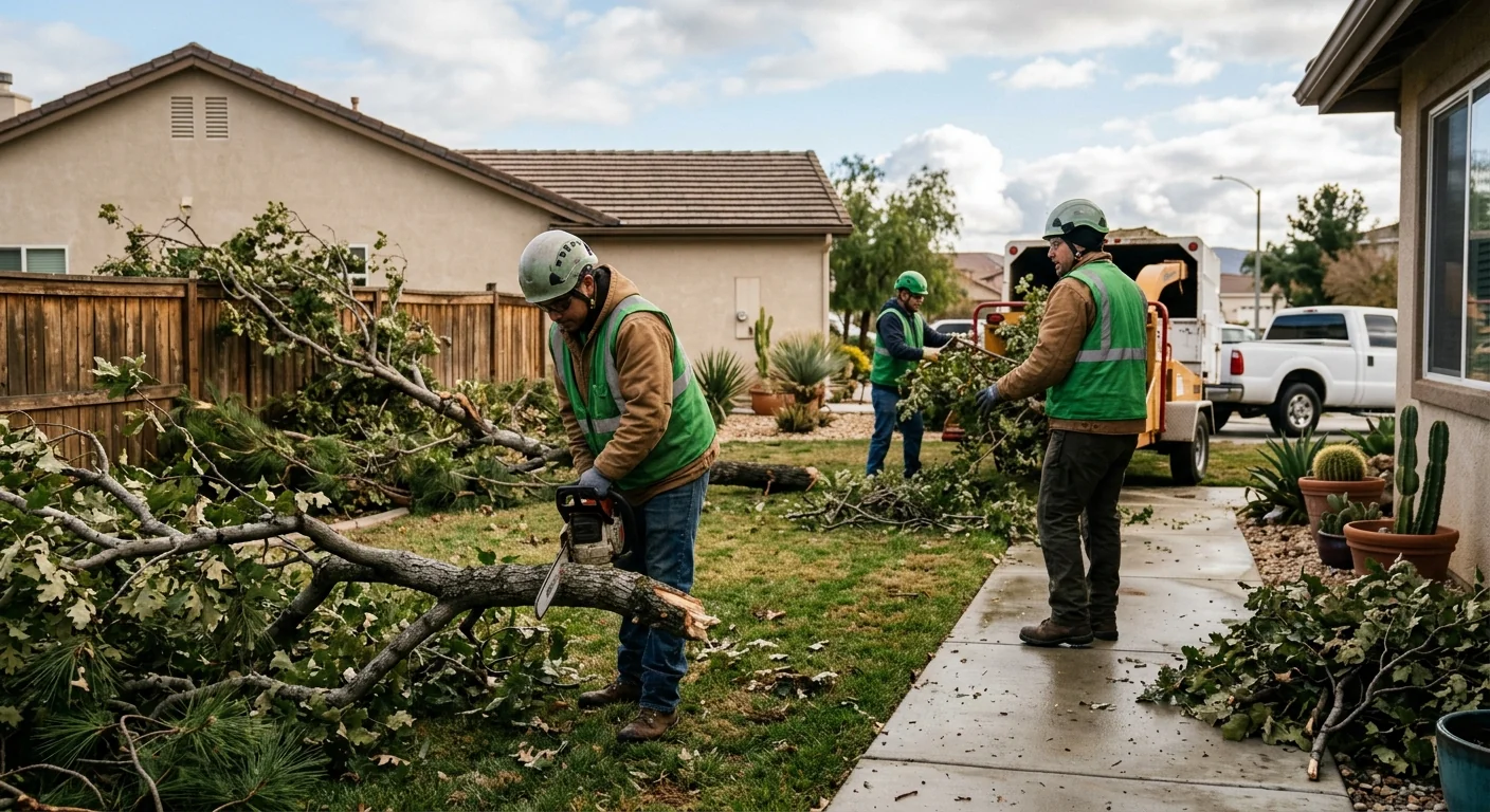 Fallen tree limbs across a Castaic backyard after a winter storm