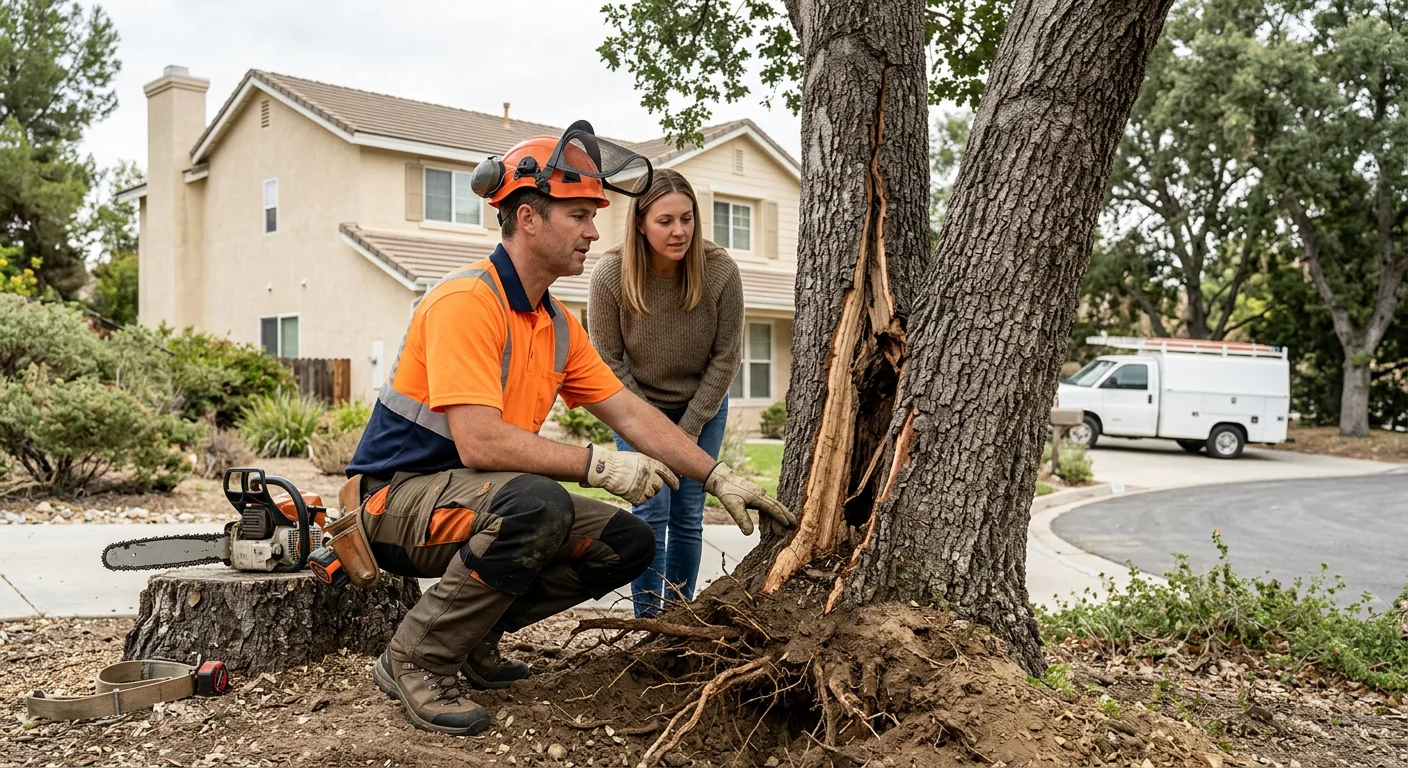 Arborist inspecting a split trunk with exposed root plate near a home